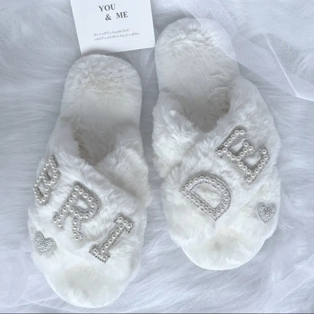 White Furry Bride Slippers